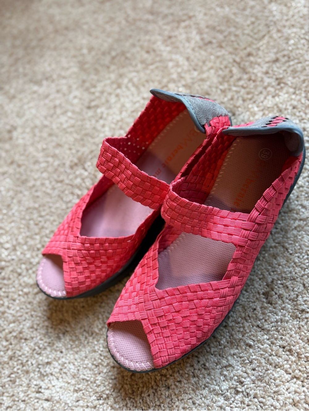bernie mev. Coral-Pink Woven Platform Sandals